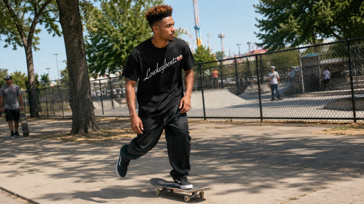 LOWKEYES T ALBINO worn by model at skate park