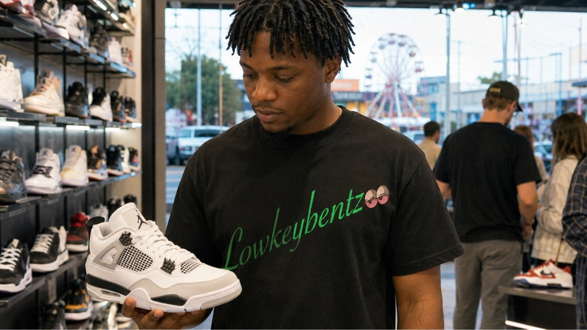 LOWKEYES FOREST GREEN worn by model at sneaker store