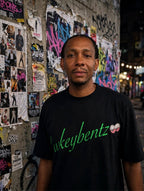 Jrock wearing LOWKEYES FOREST GREEN at graffiti wall