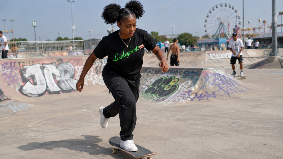 GETTY GREEN worn by model skating
