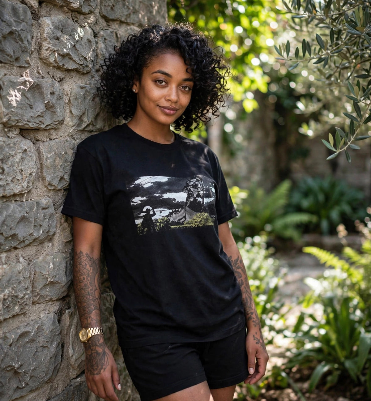 Lowkey Logo T on model in garden