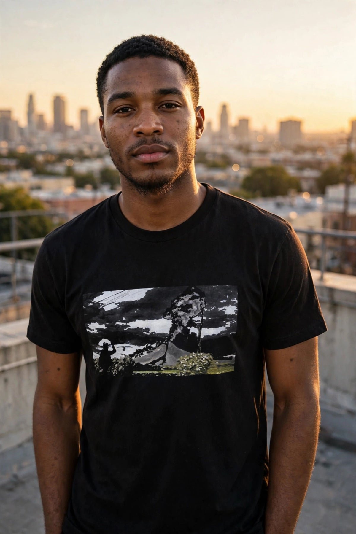 Lowkey Logo T on model, golden hour rooftop