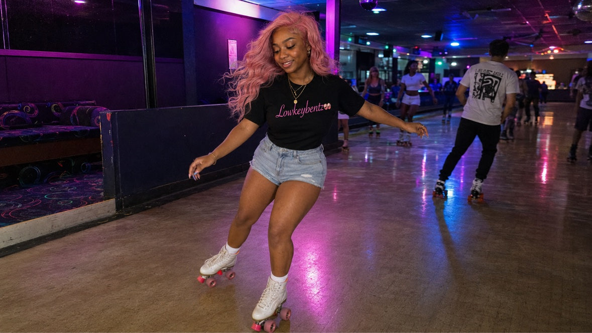 PINK PANTHER worn by model at roller rink