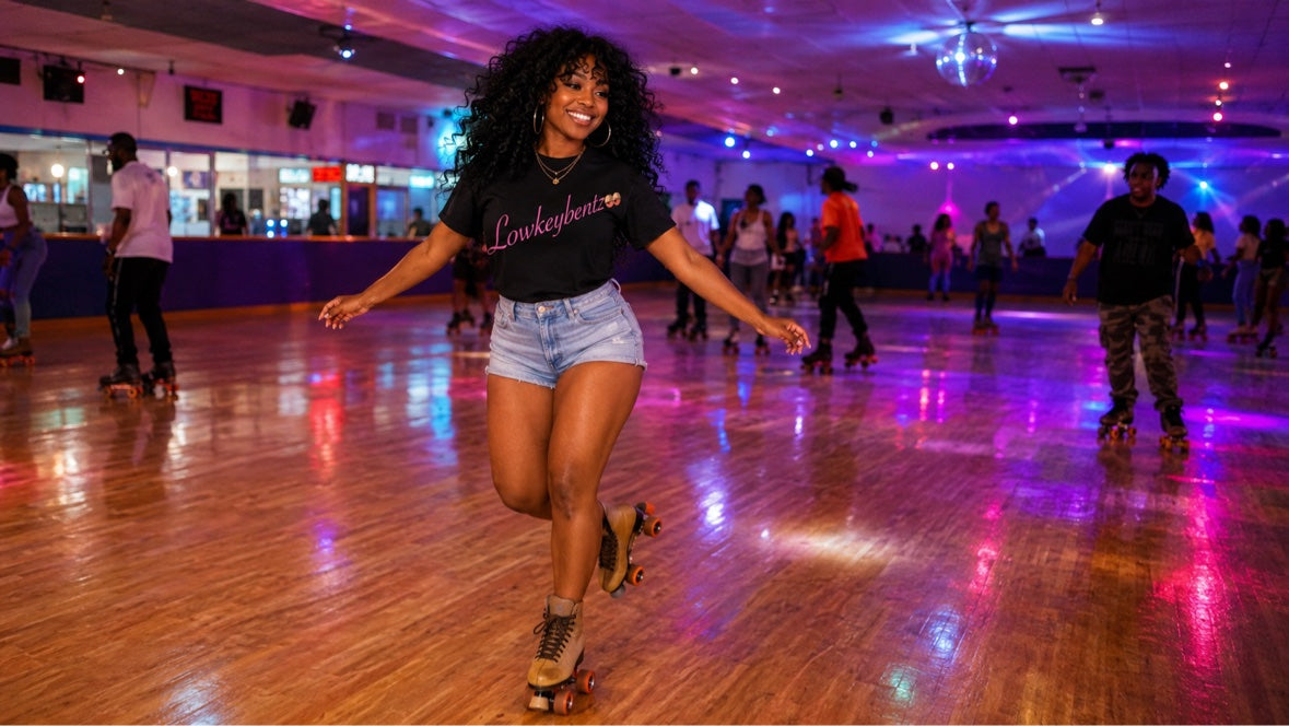 PINK PANTHER worn by model at roller rink