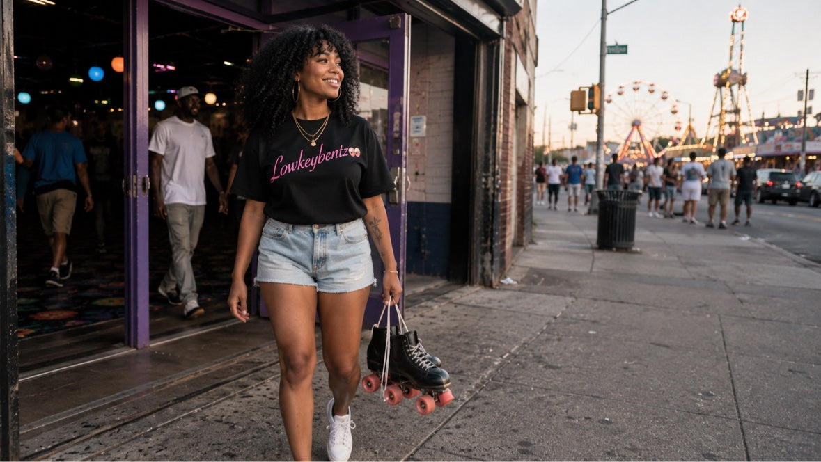 PINK PANTHER worn by model on street with skates